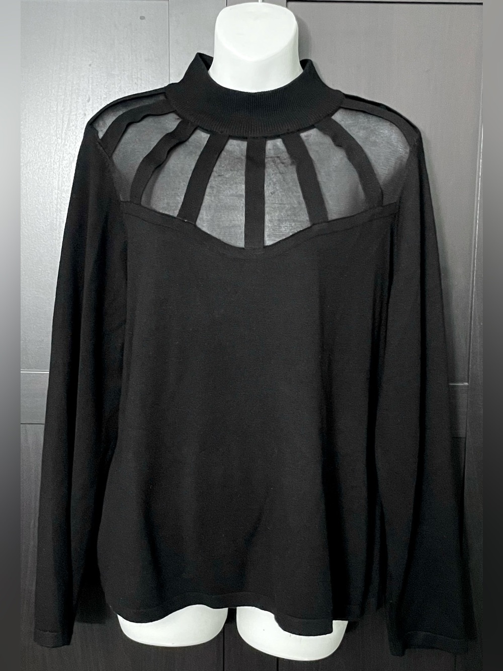 Carmen Marc Valvo ~ Black Sheer-Panel Mock Neck Thin Sweater NWOT - XL